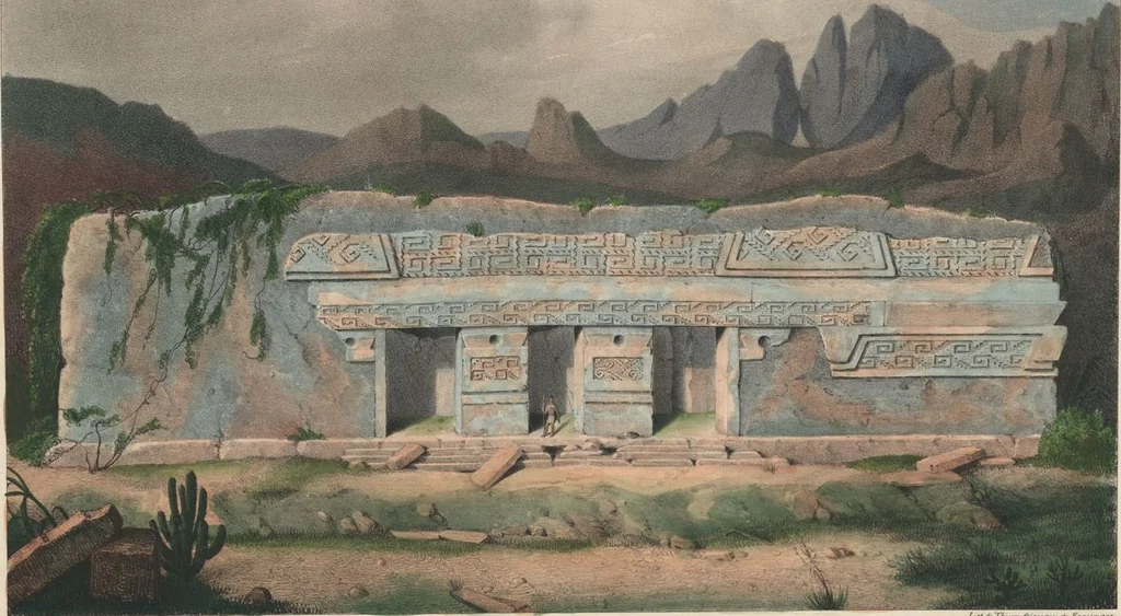 An illustration from Antiquités mexicaines : relation des trois expéditions du capitaine Dupaix, ordonnées en 1805, 1806, et 1807, pour la recherche des antiquités du pays, notamment celles de Mitla et de Palenque : [atlas] / accompagnée des dessins de Castañeda et d'une carte du pays exploré ; suivie d'un parallèle de ces monuments avec ceux de l'Égypte, de l'Indostan, et du reste de l'ancien monde, par M. Alexandre Lenoir, d'une dissertation sur l'origine de l'ancienne population des deux Amériques et sur les diverses antiquités de ce continent, par M. Warden, avec un discours préliminaire par M. Charles Farcy, et des notes explicatives, et autres documents, par MM. Baradère, de St. Priest, et plusieurs voyageurs que ont parcouru l'Amérique, 1834, leaf 66