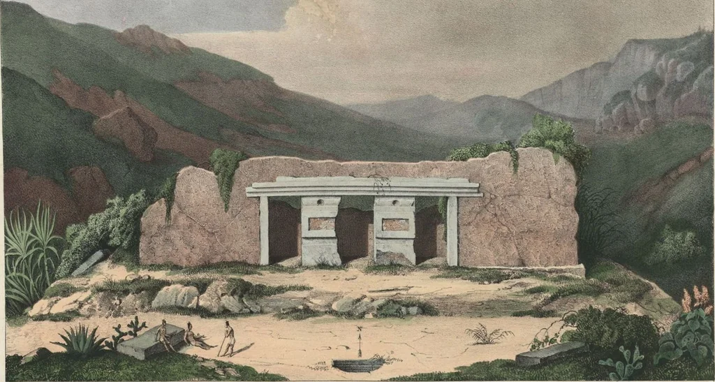 An illustration from Antiquités mexicaines : relation des trois expéditions du capitaine Dupaix, ordonnées en 1805, 1806, et 1807, pour la recherche des antiquités du pays, notamment celles de Mitla et de Palenque : [atlas] / accompagnée des dessins de Castañeda et d'une carte du pays exploré ; suivie d'un parallèle de ces monuments avec ceux de l'Égypte, de l'Indostan, et du reste de l'ancien monde, par M. Alexandre Lenoir, d'une dissertation sur l'origine de l'ancienne population des deux Amériques et sur les diverses antiquités de ce continent, par M. Warden, avec un discours préliminaire par M. Charles Farcy, et des notes explicatives, et autres documents, par MM. Baradère, de St. Priest, et plusieurs voyageurs que ont parcouru l'Amérique, 1834, leaf 69