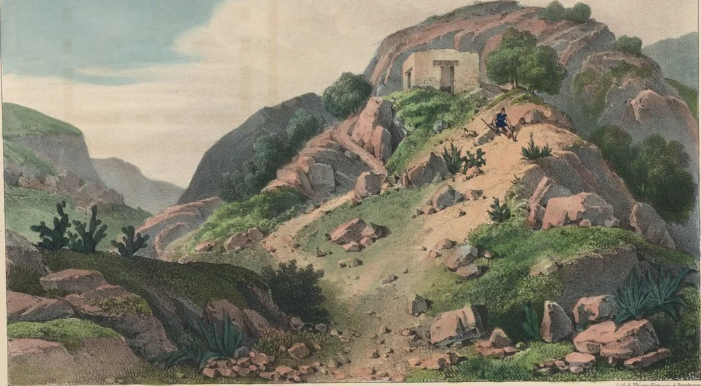 An illustration from Antiquités mexicaines : relation des trois expéditions du capitaine Dupaix, ordonnées en 1805, 1806, et 1807, pour la recherche des antiquités du pays, notamment celles de Mitla et de Palenque : [atlas] / accompagnée des dessins de Castañeda et d'une carte du pays exploré ; suivie d'un parallèle de ces monuments avec ceux de l'Égypte, de l'Indostan, et du reste de l'ancien monde, par M. Alexandre Lenoir, d'une dissertation sur l'origine de l'ancienne population des deux Amériques et sur les diverses antiquités de ce continent, par M. Warden, avec un discours préliminaire par M. Charles Farcy, et des notes explicatives, et autres documents, par MM. Baradère, de St. Priest, et plusieurs voyageurs que ont parcouru l'Amérique, 1834, leaf 74