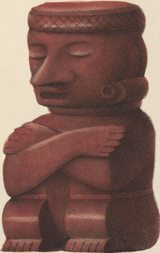 An illustration from Antiquités mexicaines : relation des trois expéditions du capitaine Dupaix, ordonnées en 1805, 1806, et 1807, pour la recherche des antiquités du pays, notamment celles de Mitla et de Palenque : [atlas] / accompagnée des dessins de Castañeda et d'une carte du pays exploré ; suivie d'un parallèle de ces monuments avec ceux de l'Égypte, de l'Indostan, et du reste de l'ancien monde, par M. Alexandre Lenoir, d'une dissertation sur l'origine de l'ancienne population des deux Amériques et sur les diverses antiquités de ce continent, par M. Warden, avec un discours préliminaire par M. Charles Farcy, et des notes explicatives, et autres documents, par MM. Baradère, de St. Priest, et plusieurs voyageurs que ont parcouru l'Amérique, 1834, leaf 77