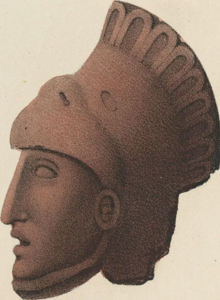 An illustration from Antiquités mexicaines : relation des trois expéditions du capitaine Dupaix, ordonnées en 1805, 1806, et 1807, pour la recherche des antiquités du pays, notamment celles de Mitla et de Palenque : [atlas] / accompagnée des dessins de Castañeda et d'une carte du pays exploré ; suivie d'un parallèle de ces monuments avec ceux de l'Égypte, de l'Indostan, et du reste de l'ancien monde, par M. Alexandre Lenoir, d'une dissertation sur l'origine de l'ancienne population des deux Amériques et sur les diverses antiquités de ce continent, par M. Warden, avec un discours préliminaire par M. Charles Farcy, et des notes explicatives, et autres documents, par MM. Baradère, de St. Priest, et plusieurs voyageurs que ont parcouru l'Amérique, 1834, leaf 77