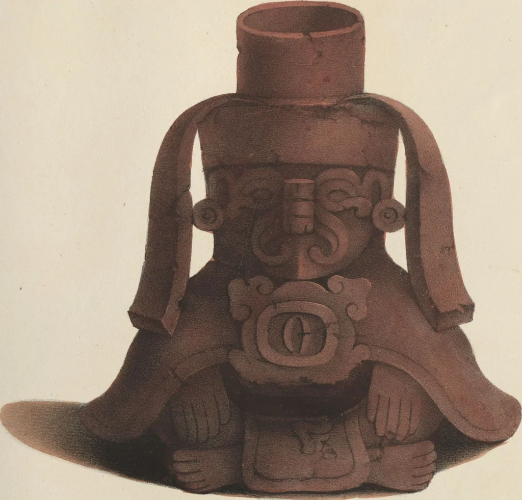 An illustration from Antiquités mexicaines : relation des trois expéditions du capitaine Dupaix, ordonnées en 1805, 1806, et 1807, pour la recherche des antiquités du pays, notamment celles de Mitla et de Palenque : [atlas] / accompagnée des dessins de Castañeda et d'une carte du pays exploré ; suivie d'un parallèle de ces monuments avec ceux de l'Égypte, de l'Indostan, et du reste de l'ancien monde, par M. Alexandre Lenoir, d'une dissertation sur l'origine de l'ancienne population des deux Amériques et sur les diverses antiquités de ce continent, par M. Warden, avec un discours préliminaire par M. Charles Farcy, et des notes explicatives, et autres documents, par MM. Baradère, de St. Priest, et plusieurs voyageurs que ont parcouru l'Amérique, 1834, leaf 78