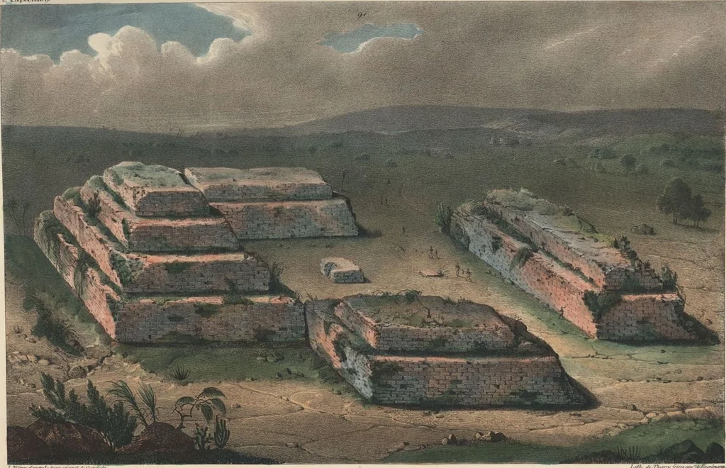 An illustration from Antiquités mexicaines : relation des trois expéditions du capitaine Dupaix, ordonnées en 1805, 1806, et 1807, pour la recherche des antiquités du pays, notamment celles de Mitla et de Palenque : [atlas] / accompagnée des dessins de Castañeda et d'une carte du pays exploré ; suivie d'un parallèle de ces monuments avec ceux de l'Égypte, de l'Indostan, et du reste de l'ancien monde, par M. Alexandre Lenoir, d'une dissertation sur l'origine de l'ancienne population des deux Amériques et sur les diverses antiquités de ce continent, par M. Warden, avec un discours préliminaire par M. Charles Farcy, et des notes explicatives, et autres documents, par MM. Baradère, de St. Priest, et plusieurs voyageurs que ont parcouru l'Amérique, 1834, leaf 79