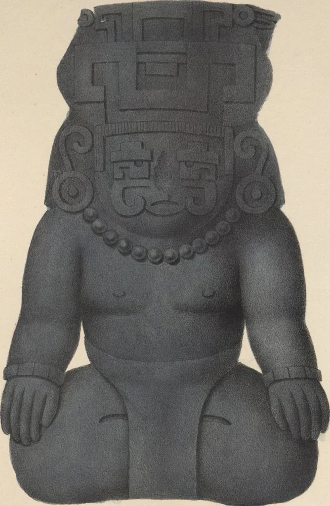 An illustration from Antiquités mexicaines : relation des trois expéditions du capitaine Dupaix, ordonnées en 1805, 1806, et 1807, pour la recherche des antiquités du pays, notamment celles de Mitla et de Palenque : [atlas] / accompagnée des dessins de Castañeda et d'une carte du pays exploré ; suivie d'un parallèle de ces monuments avec ceux de l'Égypte, de l'Indostan, et du reste de l'ancien monde, par M. Alexandre Lenoir, d'une dissertation sur l'origine de l'ancienne population des deux Amériques et sur les diverses antiquités de ce continent, par M. Warden, avec un discours préliminaire par M. Charles Farcy, et des notes explicatives, et autres documents, par MM. Baradère, de St. Priest, et plusieurs voyageurs que ont parcouru l'Amérique, 1834, leaf 84