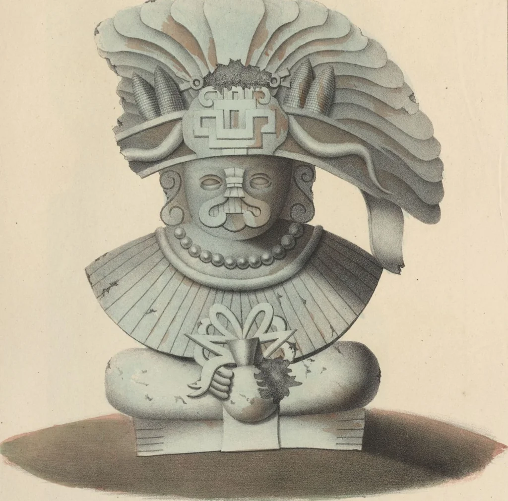 An illustration from Antiquités mexicaines : relation des trois expéditions du capitaine Dupaix, ordonnées en 1805, 1806, et 1807, pour la recherche des antiquités du pays, notamment celles de Mitla et de Palenque : [atlas] / accompagnée des dessins de Castañeda et d'une carte du pays exploré ; suivie d'un parallèle de ces monuments avec ceux de l'Égypte, de l'Indostan, et du reste de l'ancien monde, par M. Alexandre Lenoir, d'une dissertation sur l'origine de l'ancienne population des deux Amériques et sur les diverses antiquités de ce continent, par M. Warden, avec un discours préliminaire par M. Charles Farcy, et des notes explicatives, et autres documents, par MM. Baradère, de St. Priest, et plusieurs voyageurs que ont parcouru l'Amérique, 1834, leaf 85