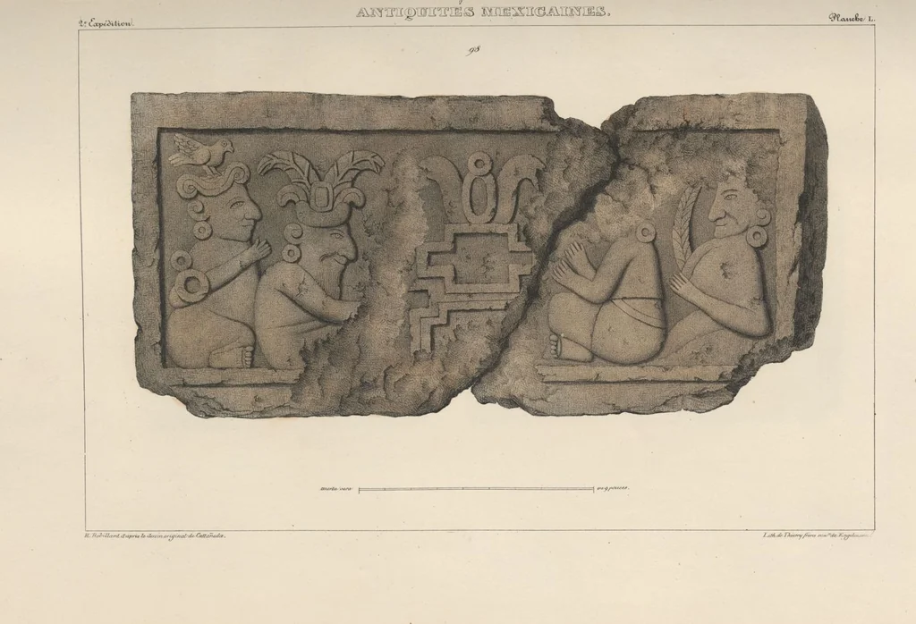 An illustration from Antiquités mexicaines : relation des trois expéditions du capitaine Dupaix, ordonnées en 1805, 1806, et 1807, pour la recherche des antiquités du pays, notamment celles de Mitla et de Palenque : [atlas] / accompagnée des dessins de Castañeda et d'une carte du pays exploré ; suivie d'un parallèle de ces monuments avec ceux de l'Égypte, de l'Indostan, et du reste de l'ancien monde, par M. Alexandre Lenoir, d'une dissertation sur l'origine de l'ancienne population des deux Amériques et sur les diverses antiquités de ce continent, par M. Warden, avec un discours préliminaire par M. Charles Farcy, et des notes explicatives, et autres documents, par MM. Baradère, de St. Priest, et plusieurs voyageurs que ont parcouru l'Amérique, 1834, leaf 86