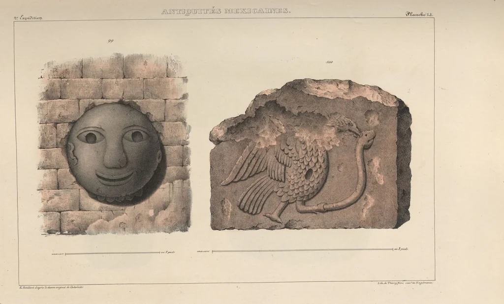 An illustration from Antiquités mexicaines : relation des trois expéditions du capitaine Dupaix, ordonnées en 1805, 1806, et 1807, pour la recherche des antiquités du pays, notamment celles de Mitla et de Palenque : [atlas] / accompagnée des dessins de Castañeda et d'une carte du pays exploré ; suivie d'un parallèle de ces monuments avec ceux de l'Égypte, de l'Indostan, et du reste de l'ancien monde, par M. Alexandre Lenoir, d'une dissertation sur l'origine de l'ancienne population des deux Amériques et sur les diverses antiquités de ce continent, par M. Warden, avec un discours préliminaire par M. Charles Farcy, et des notes explicatives, et autres documents, par MM. Baradère, de St. Priest, et plusieurs voyageurs que ont parcouru l'Amérique, 1834, leaf 87