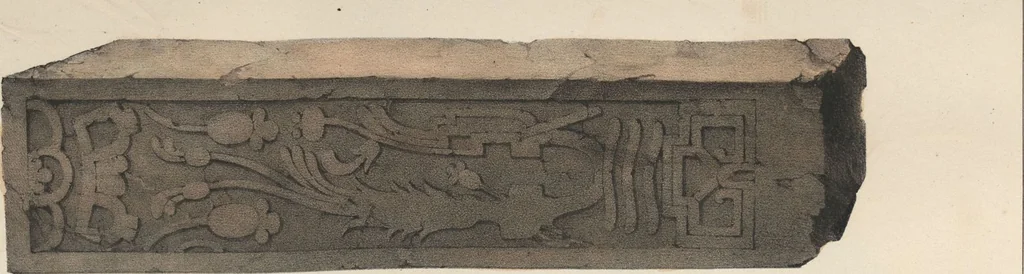 An illustration from Antiquités mexicaines : relation des trois expéditions du capitaine Dupaix, ordonnées en 1805, 1806, et 1807, pour la recherche des antiquités du pays, notamment celles de Mitla et de Palenque : [atlas] / accompagnée des dessins de Castañeda et d'une carte du pays exploré ; suivie d'un parallèle de ces monuments avec ceux de l'Égypte, de l'Indostan, et du reste de l'ancien monde, par M. Alexandre Lenoir, d'une dissertation sur l'origine de l'ancienne population des deux Amériques et sur les diverses antiquités de ce continent, par M. Warden, avec un discours préliminaire par M. Charles Farcy, et des notes explicatives, et autres documents, par MM. Baradère, de St. Priest, et plusieurs voyageurs que ont parcouru l'Amérique, 1834, leaf 88