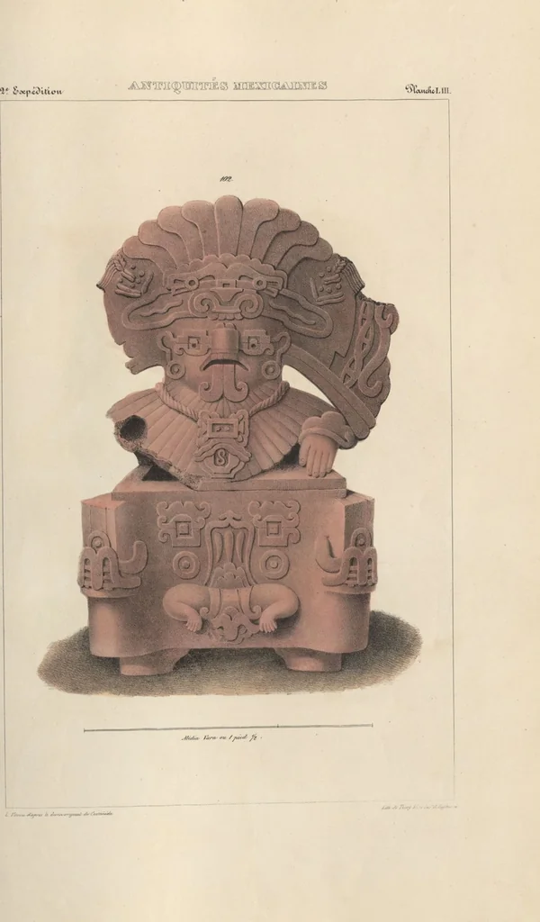 An illustration from Antiquités mexicaines : relation des trois expéditions du capitaine Dupaix, ordonnées en 1805, 1806, et 1807, pour la recherche des antiquités du pays, notamment celles de Mitla et de Palenque : [atlas] / accompagnée des dessins de Castañeda et d'une carte du pays exploré ; suivie d'un parallèle de ces monuments avec ceux de l'Égypte, de l'Indostan, et du reste de l'ancien monde, par M. Alexandre Lenoir, d'une dissertation sur l'origine de l'ancienne population des deux Amériques et sur les diverses antiquités de ce continent, par M. Warden, avec un discours préliminaire par M. Charles Farcy, et des notes explicatives, et autres documents, par MM. Baradère, de St. Priest, et plusieurs voyageurs que ont parcouru l'Amérique, 1834, leaf 89
