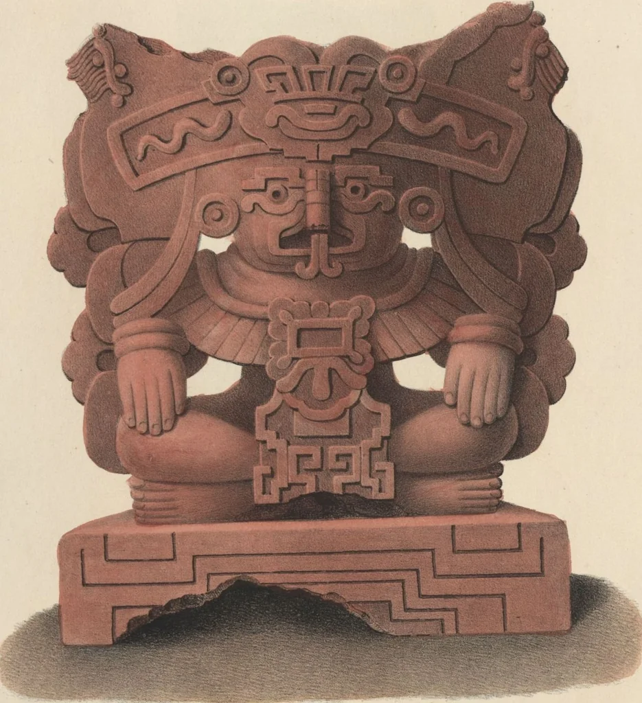 An illustration from Antiquités mexicaines : relation des trois expéditions du capitaine Dupaix, ordonnées en 1805, 1806, et 1807, pour la recherche des antiquités du pays, notamment celles de Mitla et de Palenque : [atlas] / accompagnée des dessins de Castañeda et d'une carte du pays exploré ; suivie d'un parallèle de ces monuments avec ceux de l'Égypte, de l'Indostan, et du reste de l'ancien monde, par M. Alexandre Lenoir, d'une dissertation sur l'origine de l'ancienne population des deux Amériques et sur les diverses antiquités de ce continent, par M. Warden, avec un discours préliminaire par M. Charles Farcy, et des notes explicatives, et autres documents, par MM. Baradère, de St. Priest, et plusieurs voyageurs que ont parcouru l'Amérique, 1834, leaf 90