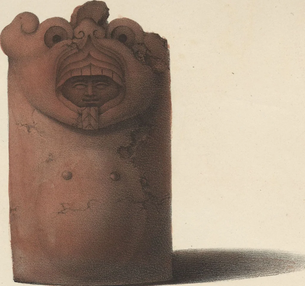 An illustration from Antiquités mexicaines : relation des trois expéditions du capitaine Dupaix, ordonnées en 1805, 1806, et 1807, pour la recherche des antiquités du pays, notamment celles de Mitla et de Palenque : [atlas] / accompagnée des dessins de Castañeda et d'une carte du pays exploré ; suivie d'un parallèle de ces monuments avec ceux de l'Égypte, de l'Indostan, et du reste de l'ancien monde, par M. Alexandre Lenoir, d'une dissertation sur l'origine de l'ancienne population des deux Amériques et sur les diverses antiquités de ce continent, par M. Warden, avec un discours préliminaire par M. Charles Farcy, et des notes explicatives, et autres documents, par MM. Baradère, de St. Priest, et plusieurs voyageurs que ont parcouru l'Amérique, 1834, leaf 92