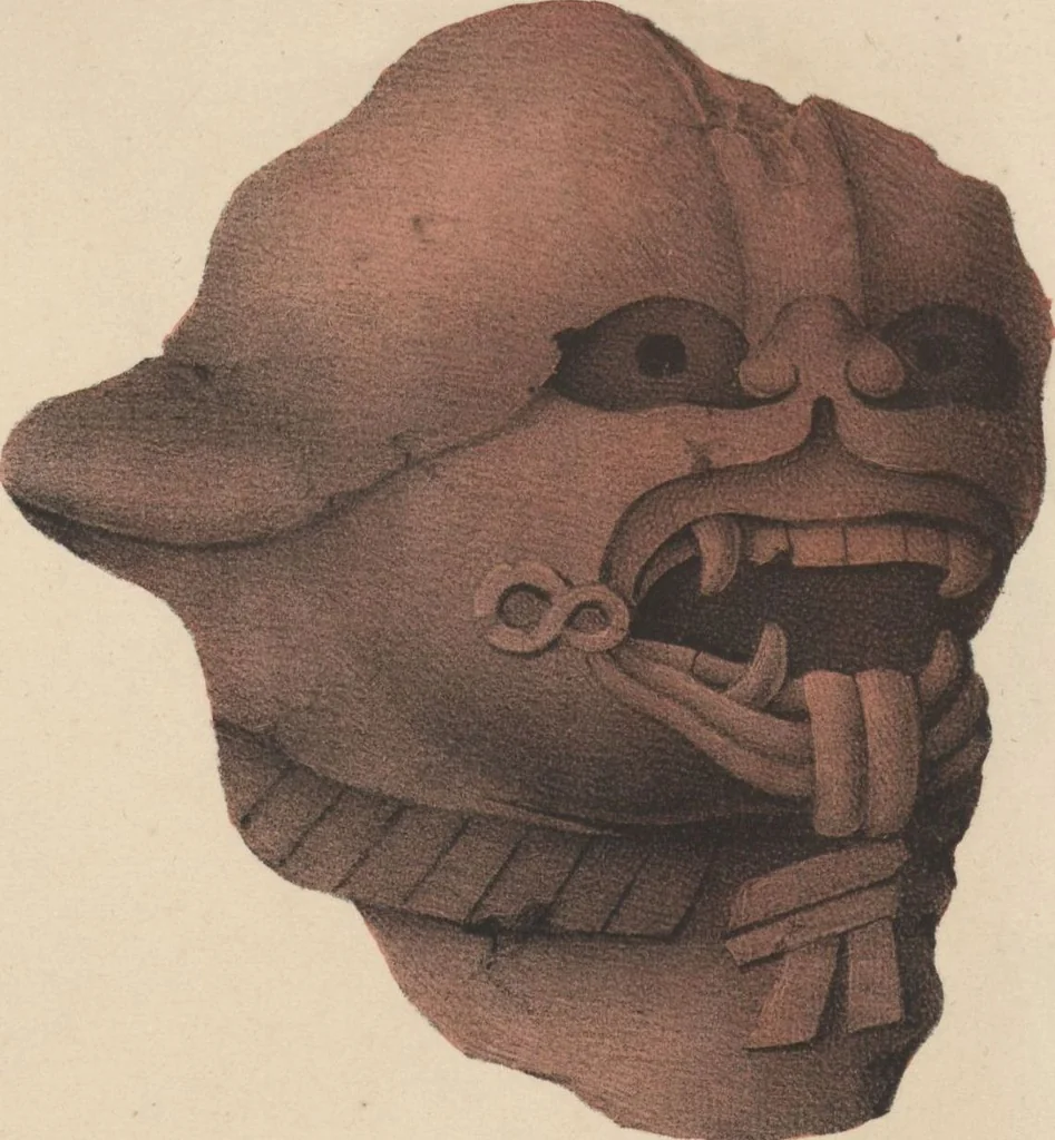 An illustration from Antiquités mexicaines : relation des trois expéditions du capitaine Dupaix, ordonnées en 1805, 1806, et 1807, pour la recherche des antiquités du pays, notamment celles de Mitla et de Palenque : [atlas] / accompagnée des dessins de Castañeda et d'une carte du pays exploré ; suivie d'un parallèle de ces monuments avec ceux de l'Égypte, de l'Indostan, et du reste de l'ancien monde, par M. Alexandre Lenoir, d'une dissertation sur l'origine de l'ancienne population des deux Amériques et sur les diverses antiquités de ce continent, par M. Warden, avec un discours préliminaire par M. Charles Farcy, et des notes explicatives, et autres documents, par MM. Baradère, de St. Priest, et plusieurs voyageurs que ont parcouru l'Amérique, 1834, leaf 93