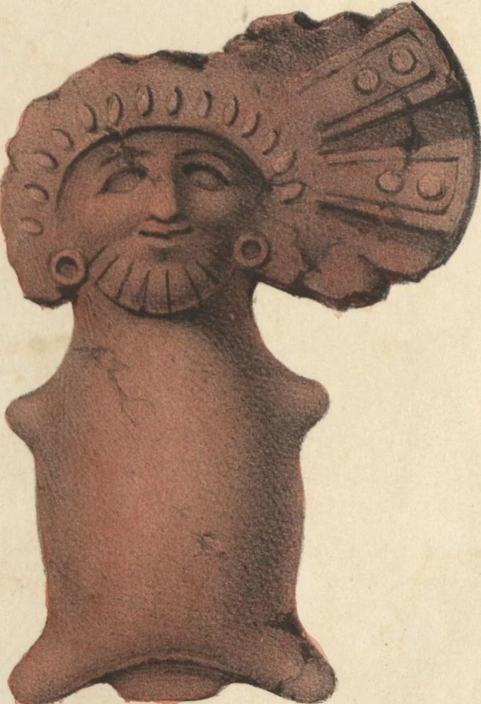 An illustration from Antiquités mexicaines : relation des trois expéditions du capitaine Dupaix, ordonnées en 1805, 1806, et 1807, pour la recherche des antiquités du pays, notamment celles de Mitla et de Palenque : [atlas] / accompagnée des dessins de Castañeda et d'une carte du pays exploré ; suivie d'un parallèle de ces monuments avec ceux de l'Égypte, de l'Indostan, et du reste de l'ancien monde, par M. Alexandre Lenoir, d'une dissertation sur l'origine de l'ancienne population des deux Amériques et sur les diverses antiquités de ce continent, par M. Warden, avec un discours préliminaire par M. Charles Farcy, et des notes explicatives, et autres documents, par MM. Baradère, de St. Priest, et plusieurs voyageurs que ont parcouru l'Amérique, 1834, leaf 94