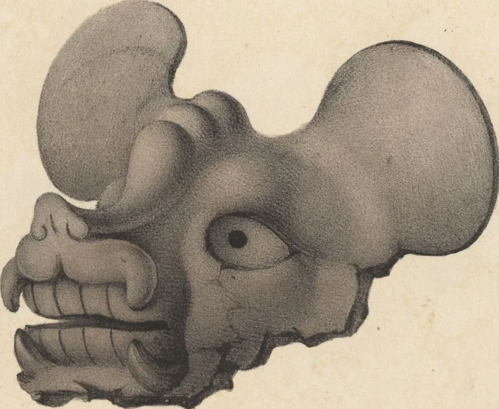 An illustration from Antiquités mexicaines : relation des trois expéditions du capitaine Dupaix, ordonnées en 1805, 1806, et 1807, pour la recherche des antiquités du pays, notamment celles de Mitla et de Palenque : [atlas] / accompagnée des dessins de Castañeda et d'une carte du pays exploré ; suivie d'un parallèle de ces monuments avec ceux de l'Égypte, de l'Indostan, et du reste de l'ancien monde, par M. Alexandre Lenoir, d'une dissertation sur l'origine de l'ancienne population des deux Amériques et sur les diverses antiquités de ce continent, par M. Warden, avec un discours préliminaire par M. Charles Farcy, et des notes explicatives, et autres documents, par MM. Baradère, de St. Priest, et plusieurs voyageurs que ont parcouru l'Amérique, 1834, leaf 94
