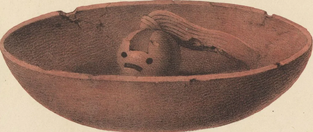An illustration from Antiquités mexicaines : relation des trois expéditions du capitaine Dupaix, ordonnées en 1805, 1806, et 1807, pour la recherche des antiquités du pays, notamment celles de Mitla et de Palenque : [atlas] / accompagnée des dessins de Castañeda et d'une carte du pays exploré ; suivie d'un parallèle de ces monuments avec ceux de l'Égypte, de l'Indostan, et du reste de l'ancien monde, par M. Alexandre Lenoir, d'une dissertation sur l'origine de l'ancienne population des deux Amériques et sur les diverses antiquités de ce continent, par M. Warden, avec un discours préliminaire par M. Charles Farcy, et des notes explicatives, et autres documents, par MM. Baradère, de St. Priest, et plusieurs voyageurs que ont parcouru l'Amérique, 1834, leaf 95