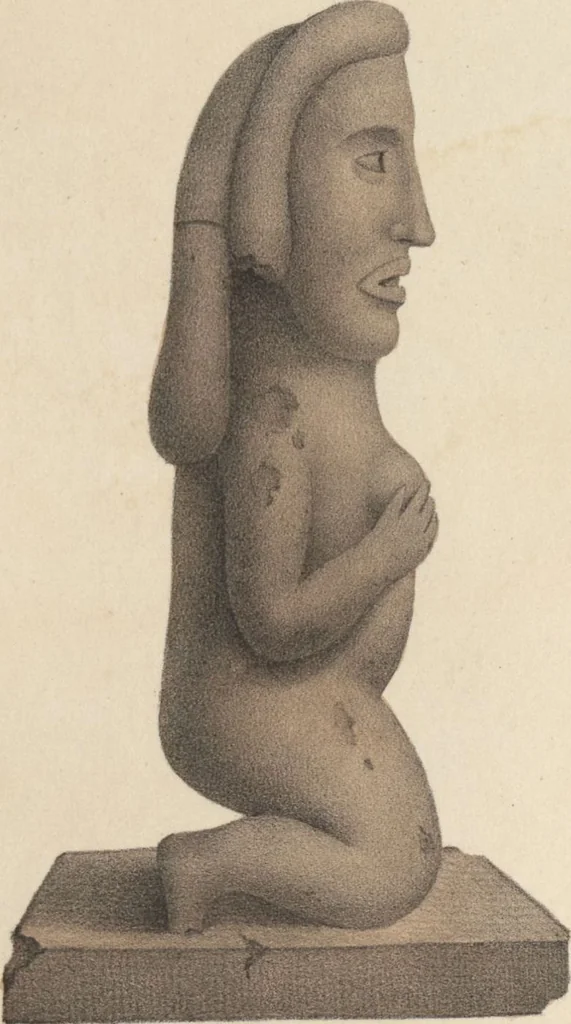 An illustration from Antiquités mexicaines : relation des trois expéditions du capitaine Dupaix, ordonnées en 1805, 1806, et 1807, pour la recherche des antiquités du pays, notamment celles de Mitla et de Palenque : [atlas] / accompagnée des dessins de Castañeda et d'une carte du pays exploré ; suivie d'un parallèle de ces monuments avec ceux de l'Égypte, de l'Indostan, et du reste de l'ancien monde, par M. Alexandre Lenoir, d'une dissertation sur l'origine de l'ancienne population des deux Amériques et sur les diverses antiquités de ce continent, par M. Warden, avec un discours préliminaire par M. Charles Farcy, et des notes explicatives, et autres documents, par MM. Baradère, de St. Priest, et plusieurs voyageurs que ont parcouru l'Amérique, 1834, leaf 96