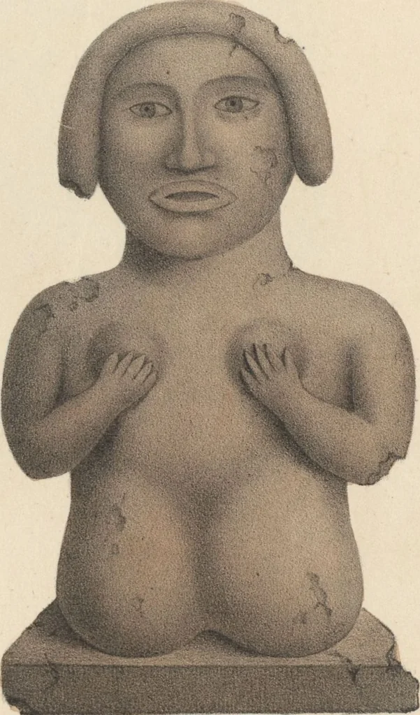 An illustration from Antiquités mexicaines : relation des trois expéditions du capitaine Dupaix, ordonnées en 1805, 1806, et 1807, pour la recherche des antiquités du pays, notamment celles de Mitla et de Palenque : [atlas] / accompagnée des dessins de Castañeda et d'une carte du pays exploré ; suivie d'un parallèle de ces monuments avec ceux de l'Égypte, de l'Indostan, et du reste de l'ancien monde, par M. Alexandre Lenoir, d'une dissertation sur l'origine de l'ancienne population des deux Amériques et sur les diverses antiquités de ce continent, par M. Warden, avec un discours préliminaire par M. Charles Farcy, et des notes explicatives, et autres documents, par MM. Baradère, de St. Priest, et plusieurs voyageurs que ont parcouru l'Amérique, 1834, leaf 96