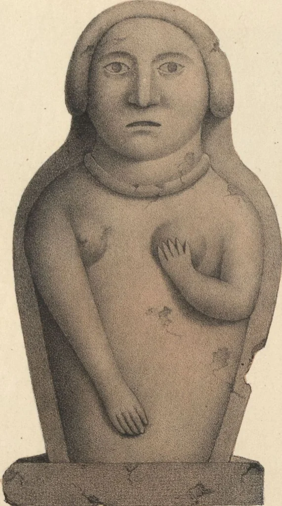 An illustration from Antiquités mexicaines : relation des trois expéditions du capitaine Dupaix, ordonnées en 1805, 1806, et 1807, pour la recherche des antiquités du pays, notamment celles de Mitla et de Palenque : [atlas] / accompagnée des dessins de Castañeda et d'une carte du pays exploré ; suivie d'un parallèle de ces monuments avec ceux de l'Égypte, de l'Indostan, et du reste de l'ancien monde, par M. Alexandre Lenoir, d'une dissertation sur l'origine de l'ancienne population des deux Amériques et sur les diverses antiquités de ce continent, par M. Warden, avec un discours préliminaire par M. Charles Farcy, et des notes explicatives, et autres documents, par MM. Baradère, de St. Priest, et plusieurs voyageurs que ont parcouru l'Amérique, 1834, leaf 98