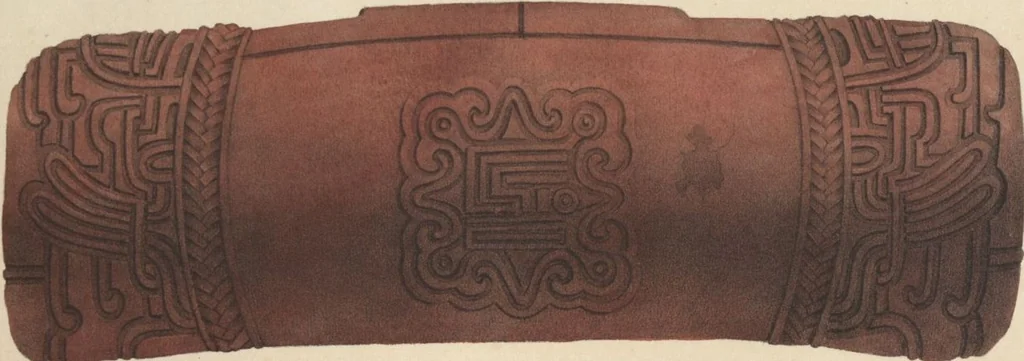 An illustration from Antiquités mexicaines : relation des trois expéditions du capitaine Dupaix, ordonnées en 1805, 1806, et 1807, pour la recherche des antiquités du pays, notamment celles de Mitla et de Palenque : [atlas] / accompagnée des dessins de Castañeda et d'une carte du pays exploré ; suivie d'un parallèle de ces monuments avec ceux de l'Égypte, de l'Indostan, et du reste de l'ancien monde, par M. Alexandre Lenoir, d'une dissertation sur l'origine de l'ancienne population des deux Amériques et sur les diverses antiquités de ce continent, par M. Warden, avec un discours préliminaire par M. Charles Farcy, et des notes explicatives, et autres documents, par MM. Baradère, de St. Priest, et plusieurs voyageurs que ont parcouru l'Amérique, 1834, leaf 98