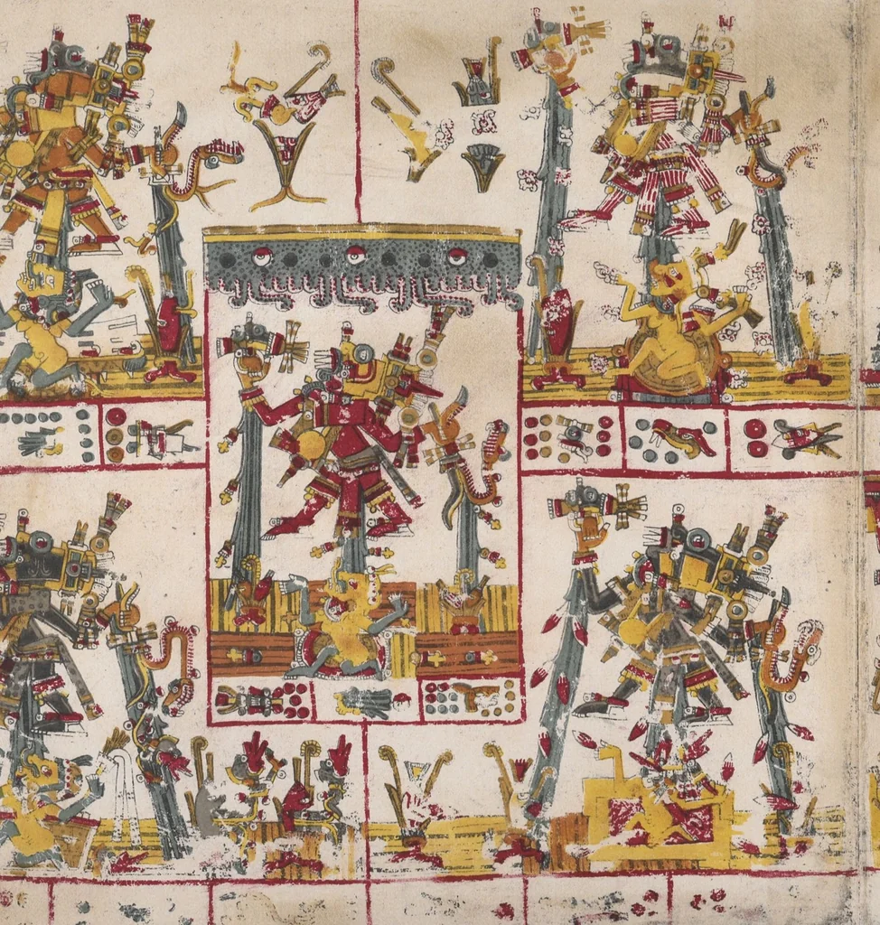 An illustration from Il manoscritto messicano Borgiano : del Museo etnografico della S. Congregazione di propaganda fide / riprodotto in fotocromografia a spese di s. e. il duca di Loubat a cura della Biblioteca Vaticanna, 1898, leaf 69