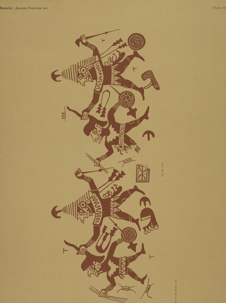 An illustration from Ancient Peruvian art : contributions to the archaeology of the empire of the Incas : [volume 1] / from his collections, by Arthur Baessler tr. by A.H. Keane ., 1902, leaf 105