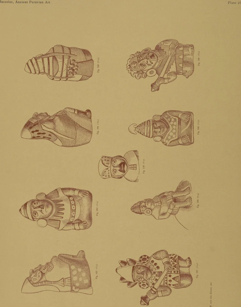 An illustration from Ancient Peruvian art : contributions to the archaeology of the empire of the Incas : [volume 1] / from his collections, by Arthur Baessler tr. by A.H. Keane ., 1902, leaf 75
