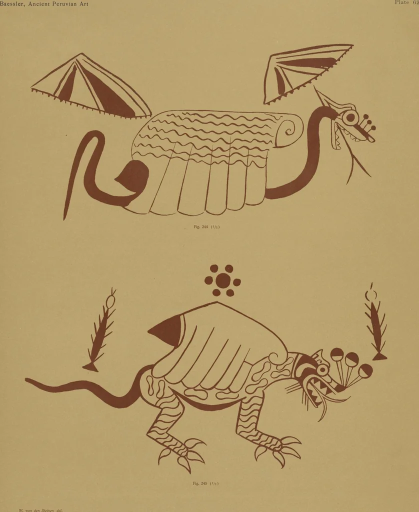 An illustration from Ancient Peruvian art : contributions to the archaeology of the empire of the Incas : [volume 2] / from his collections, by Arthur Baessler tr. by A.H. Keane ., 1902, leaf 45