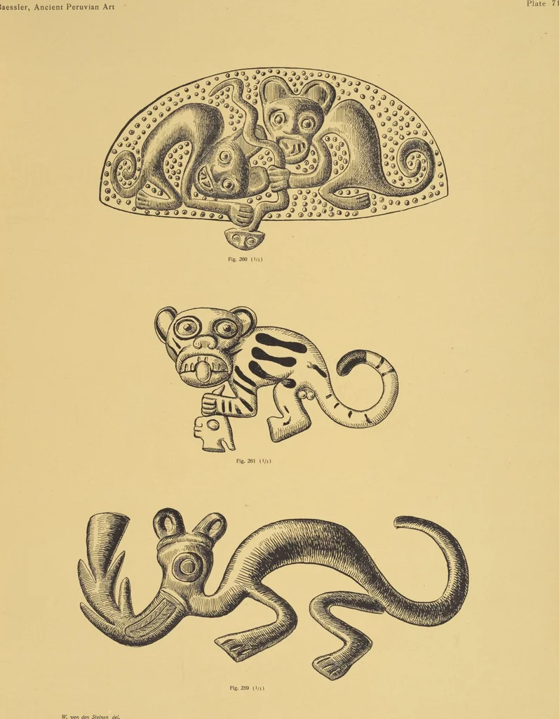 An illustration from Ancient Peruvian art : contributions to the archaeology of the empire of the Incas : [volume 2] / from his collections, by Arthur Baessler tr. by A.H. Keane ., 1902, leaf 71
