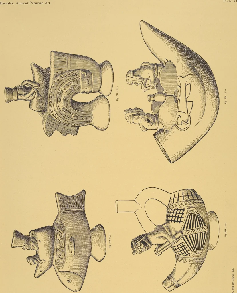 An illustration from Ancient Peruvian art : contributions to the archaeology of the empire of the Incas : [volume 2] / from his collections, by Arthur Baessler tr. by A.H. Keane ., 1902, leaf 81