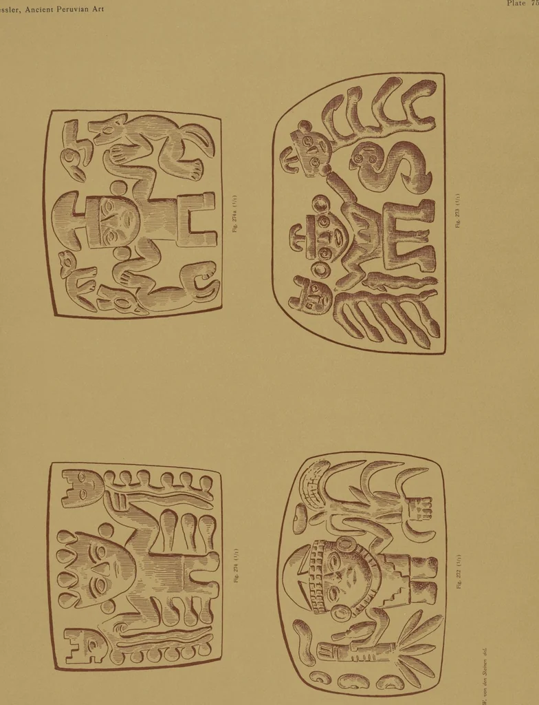 An illustration from Ancient Peruvian art : contributions to the archaeology of the empire of the Incas : [volume 2] / from his collections, by Arthur Baessler tr. by A.H. Keane ., 1902, leaf 85