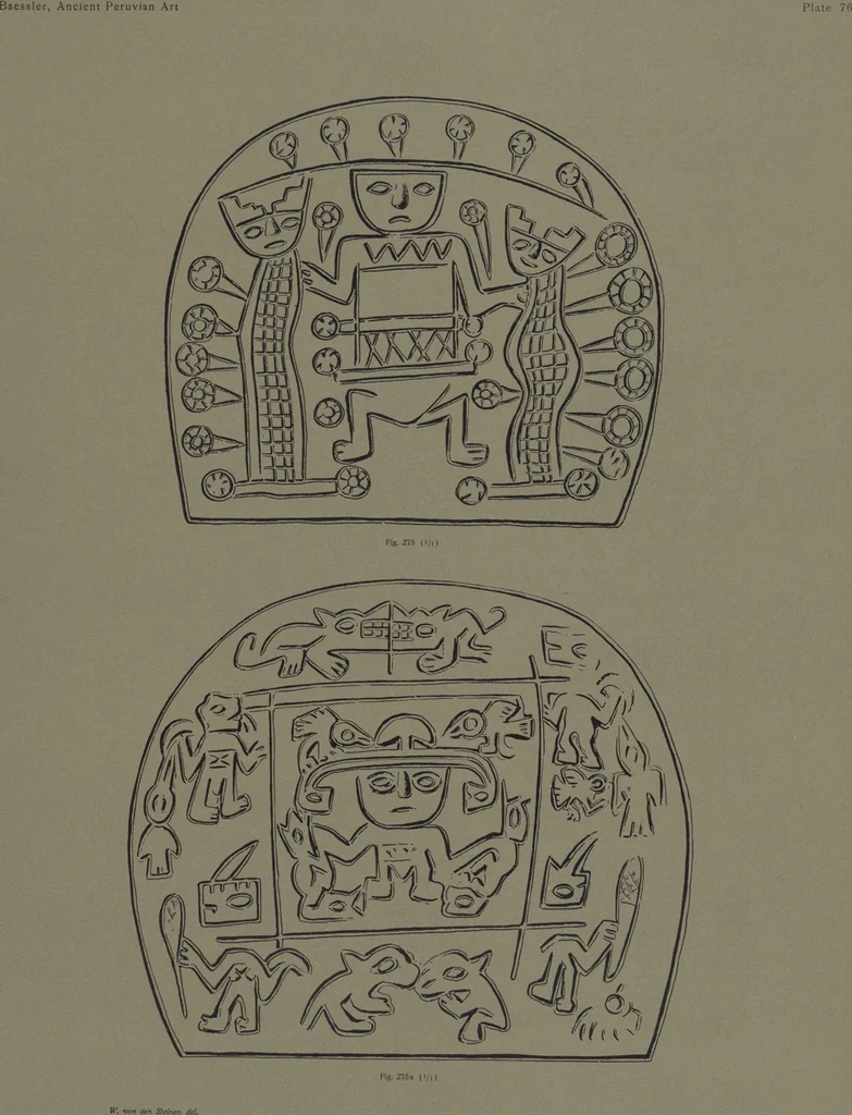 An illustration from Ancient Peruvian art : contributions to the archaeology of the empire of the Incas : [volume 2] / from his collections, by Arthur Baessler tr. by A.H. Keane ., 1902, leaf 87