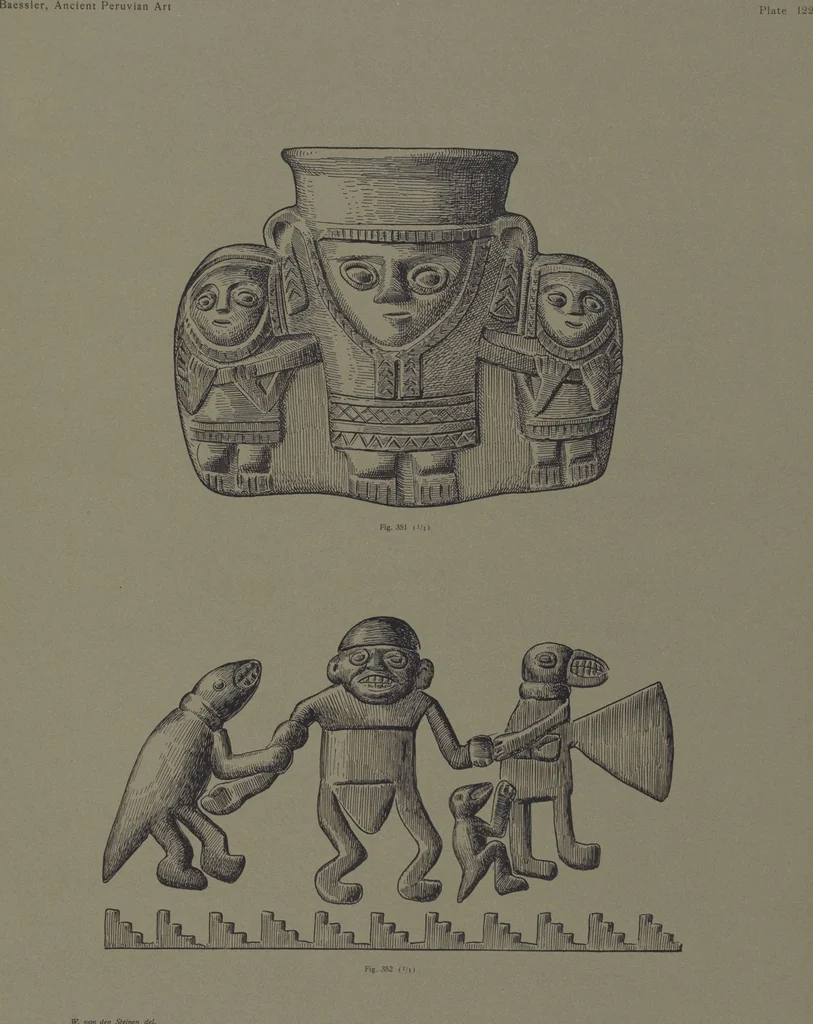An illustration from Ancient Peruvian art : contributions to the archaeology of the empire of the Incas : [volume 3] / from his collections, by Arthur Baessler tr. by A.H. Keane ., 1902, leaf 107