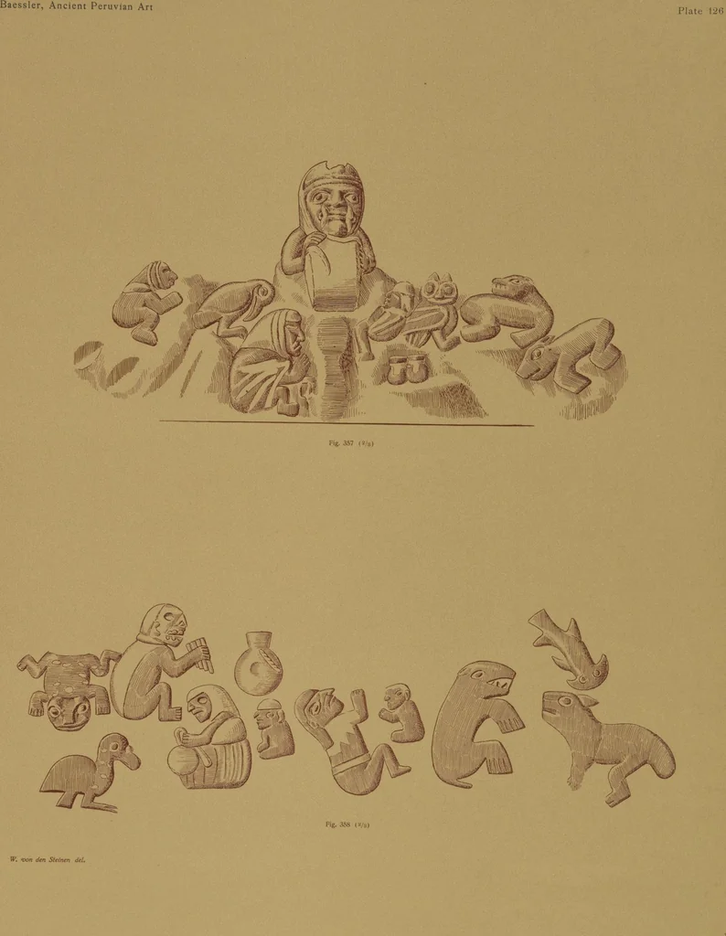 An illustration from Ancient Peruvian art : contributions to the archaeology of the empire of the Incas : [volume 3] / from his collections, by Arthur Baessler tr. by A.H. Keane ., 1902, leaf 117