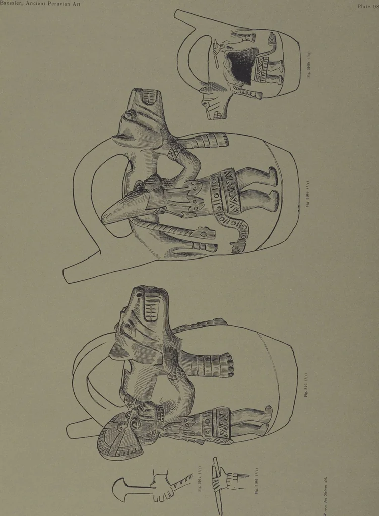 An illustration from Ancient Peruvian art : contributions to the archaeology of the empire of the Incas : [volume 3] / from his collections, by Arthur Baessler tr. by A.H. Keane ., 1902, leaf 49