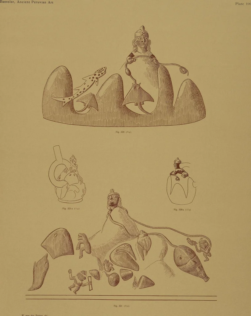 An illustration from Ancient Peruvian art : contributions to the archaeology of the empire of the Incas : [volume 3] / from his collections, by Arthur Baessler tr. by A.H. Keane ., 1902, leaf 55