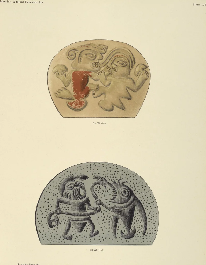 An illustration from Ancient Peruvian art : contributions to the archaeology of the empire of the Incas : [volume 3] / from his collections, by Arthur Baessler tr. by A.H. Keane ., 1902, leaf 67