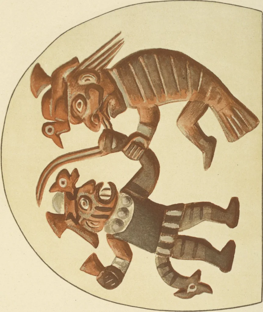 An illustration from Ancient Peruvian art : contributions to the archaeology of the empire of the Incas : [volume 3] / from his collections, by Arthur Baessler tr. by A.H. Keane ., 1902, leaf 75