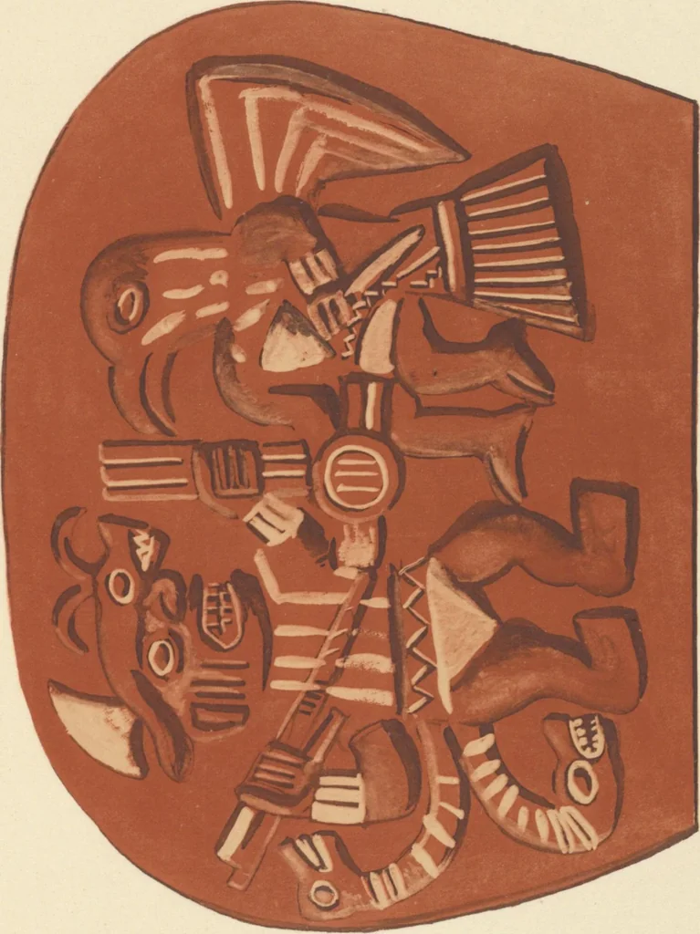An illustration from Ancient Peruvian art : contributions to the archaeology of the empire of the Incas : [volume 3] / from his collections, by Arthur Baessler tr. by A.H. Keane ., 1902, leaf 85