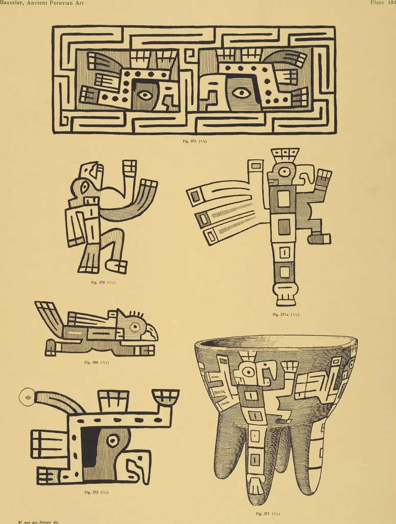 An illustration from Ancient Peruvian art : contributions to the archaeology of the empire of the Incas : [volume 4] / from his collections, by Arthur Baessler tr. by A.H. Keane ., 1902, leaf 19