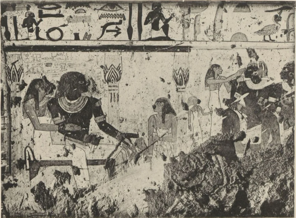 An illustration from Five years' explorations at Thebes : a record of work done 1907-1911 / by the Earl of Carnarvon and Howard Carter, with chapters by F. Ll. Griffith, George Legrain, George Möller, Percy E. Newberry and Wilhelm Spiegelberg ; with seventy-nine plates and frontispiece, 1912, leaf 123