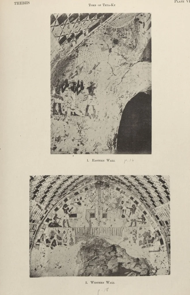 An illustration from Five years' explorations at Thebes : a record of work done 1907-1911 / by the Earl of Carnarvon and Howard Carter, with chapters by F. Ll. Griffith, George Legrain, George Möller, Percy E. Newberry and Wilhelm Spiegelberg ; with seventy-nine plates and frontispiece, 1912, leaf 125