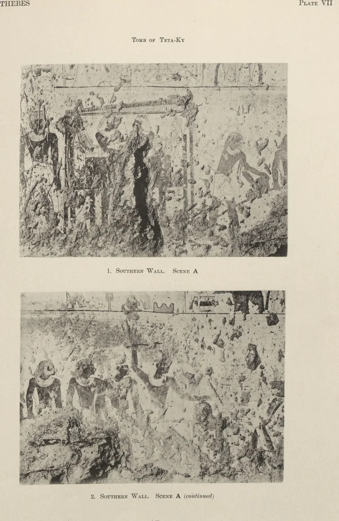 An illustration from Five years' explorations at Thebes : a record of work done 1907-1911 / by the Earl of Carnarvon and Howard Carter, with chapters by F. Ll. Griffith, George Legrain, George Möller, Percy E. Newberry and Wilhelm Spiegelberg ; with seventy-nine plates and frontispiece, 1912, leaf 127