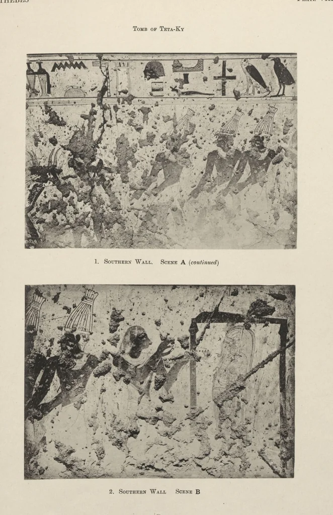 An illustration from Five years' explorations at Thebes : a record of work done 1907-1911 / by the Earl of Carnarvon and Howard Carter, with chapters by F. Ll. Griffith, George Legrain, George Möller, Percy E. Newberry and Wilhelm Spiegelberg ; with seventy-nine plates and frontispiece, 1912, leaf 129