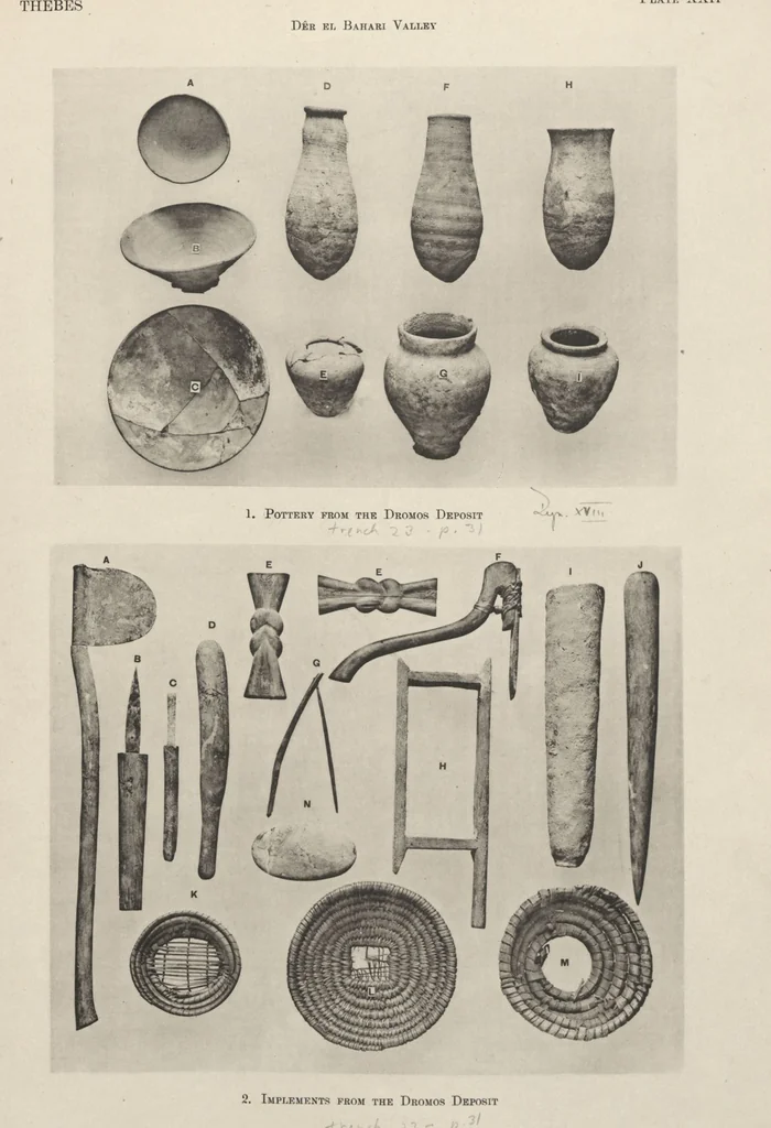 An illustration from Five years' explorations at Thebes : a record of work done 1907-1911 / by the Earl of Carnarvon and Howard Carter, with chapters by F. Ll. Griffith, George Legrain, George Möller, Percy E. Newberry and Wilhelm Spiegelberg ; with seventy-nine plates and frontispiece, 1912, leaf 157