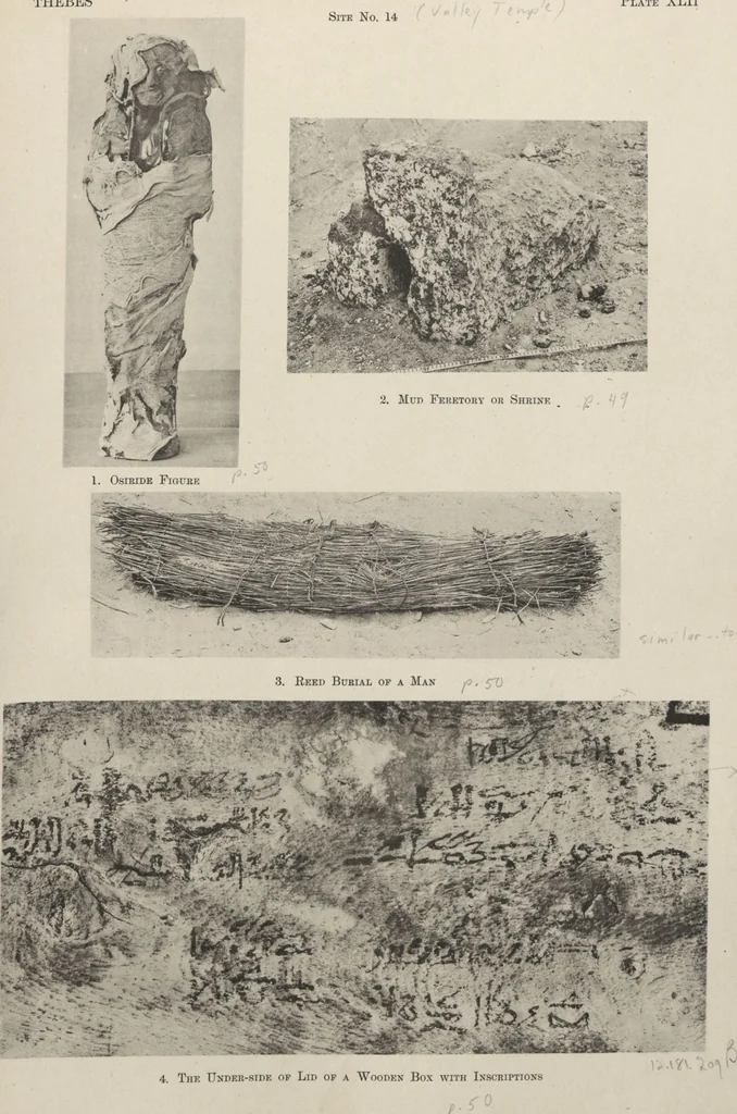 An illustration from Five years' explorations at Thebes : a record of work done 1907-1911 / by the Earl of Carnarvon and Howard Carter, with chapters by F. Ll. Griffith, George Legrain, George Möller, Percy E. Newberry and Wilhelm Spiegelberg ; with seventy-nine plates and frontispiece, 1912, leaf 198