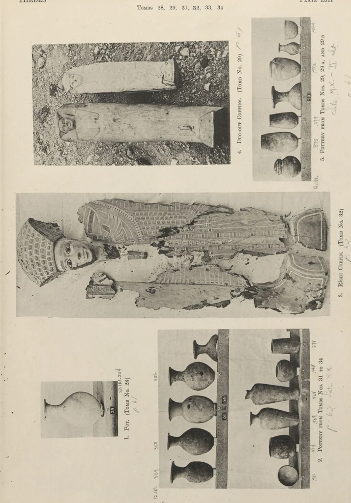 An illustration from Five years' explorations at Thebes : a record of work done 1907-1911 / by the Earl of Carnarvon and Howard Carter, with chapters by F. Ll. Griffith, George Legrain, George Möller, Percy E. Newberry and Wilhelm Spiegelberg ; with seventy-nine plates and frontispiece, 1912, leaf 220