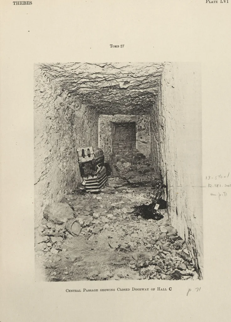 An illustration from Five years' explorations at Thebes : a record of work done 1907-1911 / by the Earl of Carnarvon and Howard Carter, with chapters by F. Ll. Griffith, George Legrain, George Möller, Percy E. Newberry and Wilhelm Spiegelberg ; with seventy-nine plates and frontispiece, 1912, leaf 226