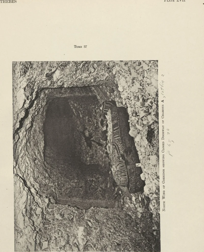 An illustration from Five years' explorations at Thebes : a record of work done 1907-1911 / by the Earl of Carnarvon and Howard Carter, with chapters by F. Ll. Griffith, George Legrain, George Möller, Percy E. Newberry and Wilhelm Spiegelberg ; with seventy-nine plates and frontispiece, 1912, leaf 228