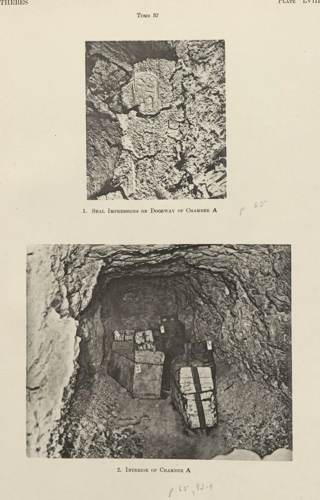 An illustration from Five years' explorations at Thebes : a record of work done 1907-1911 / by the Earl of Carnarvon and Howard Carter, with chapters by F. Ll. Griffith, George Legrain, George Möller, Percy E. Newberry and Wilhelm Spiegelberg ; with seventy-nine plates and frontispiece, 1912, leaf 230