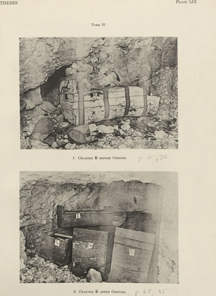 An illustration from Five years' explorations at Thebes : a record of work done 1907-1911 / by the Earl of Carnarvon and Howard Carter, with chapters by F. Ll. Griffith, George Legrain, George Möller, Percy E. Newberry and Wilhelm Spiegelberg ; with seventy-nine plates and frontispiece, 1912, leaf 232
